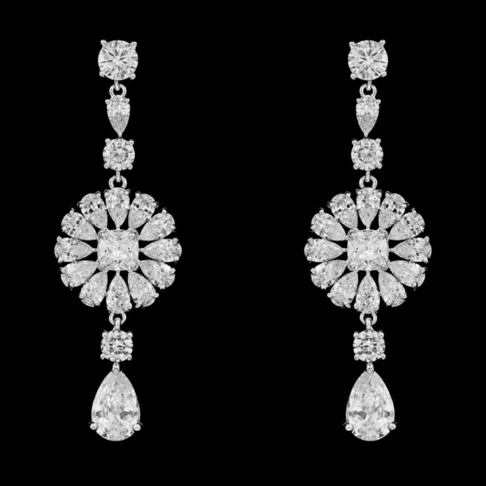 Cubic Zirconia Flower Inspired Dangle Earrings